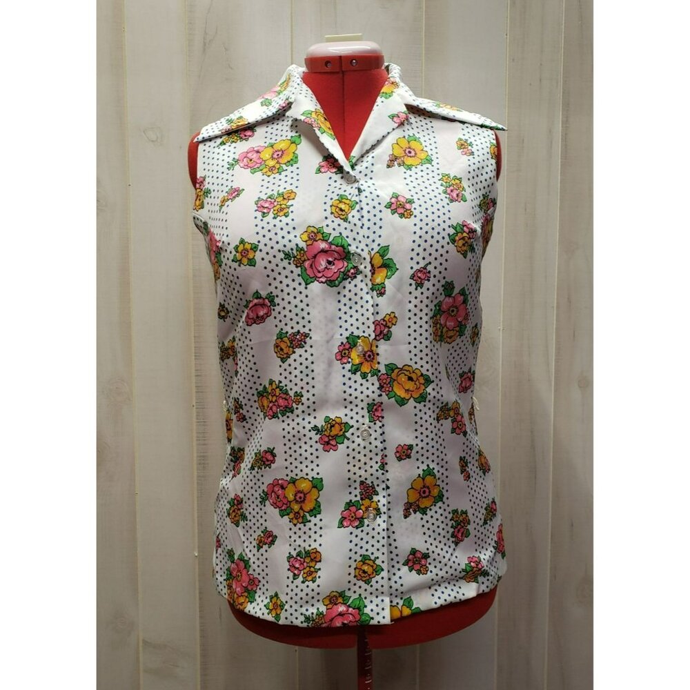 Vtg Sleeveless Button Up Blouse, Le Soft Shirt Lady Manhattan , Sz 14 Floral Dot